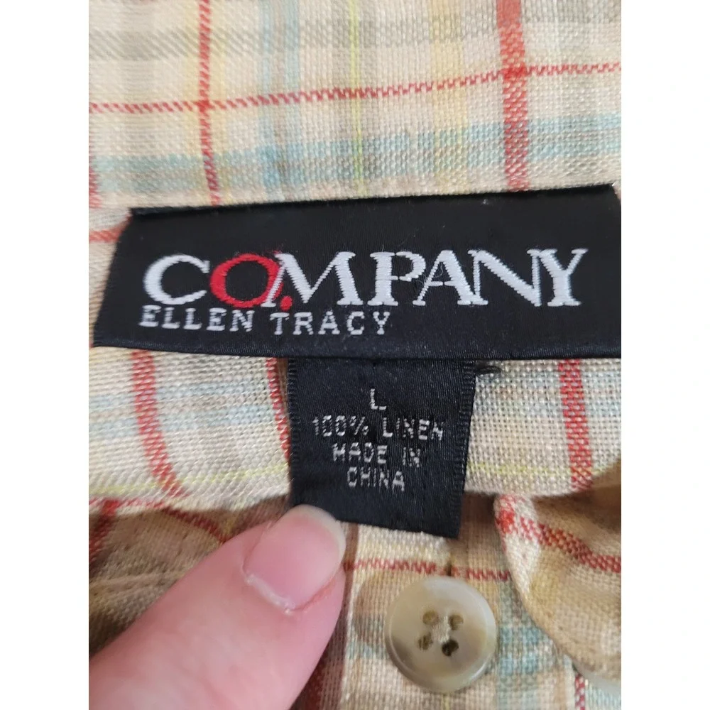 Company Ellen‎ Tracy Linen Shirt Mens Large Beige Plaid Long Sleeve